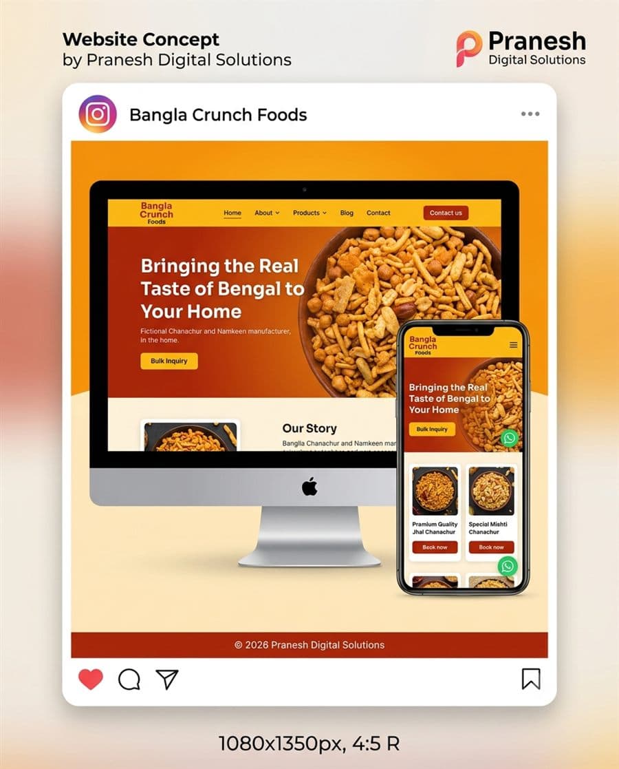 Bangla Crunch Foods concept website homepage design — Food & FMCG website concept by Pranesh Digital Solutions